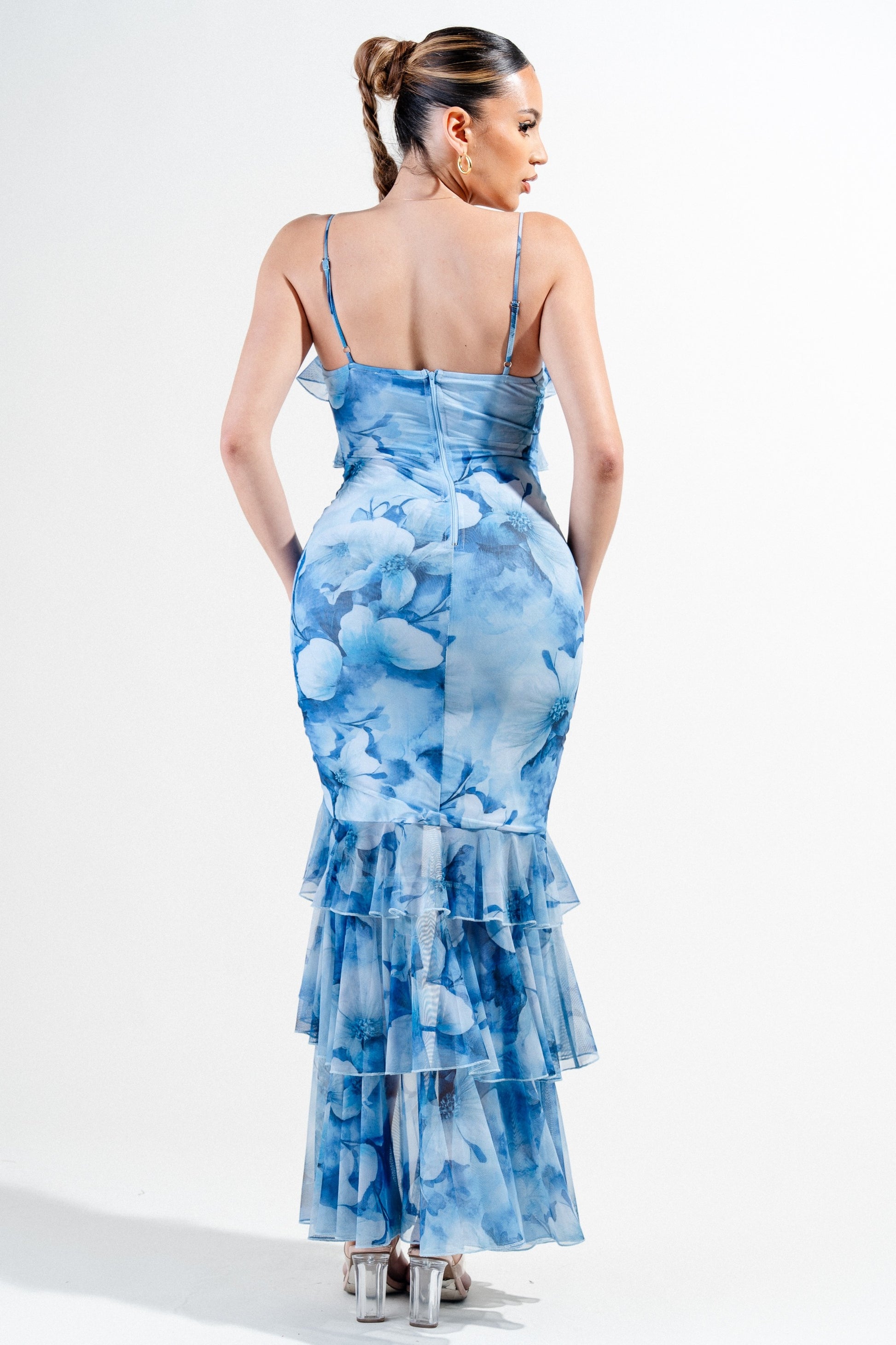 Mesh Print Ruffle Detail V-line Cami Maxi Dress Bella Chica Mesh Print Ruffle Detail V-line Cami Maxi Dress Bella Chica