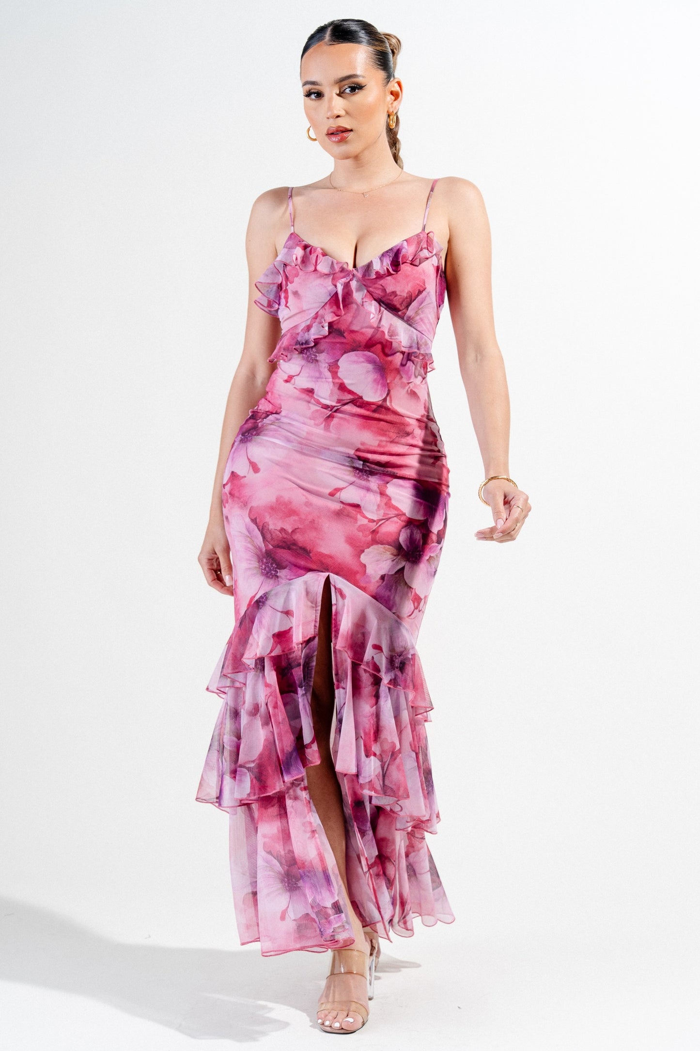 Mesh Print Ruffle Detail V-line Cami Maxi Dress