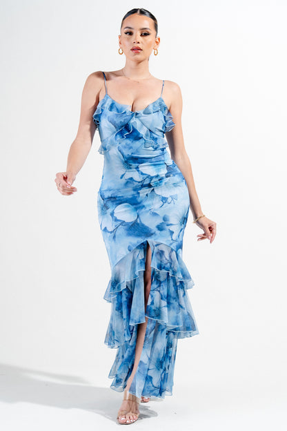Mesh Print Ruffle Detail V-line Cami Maxi Dress