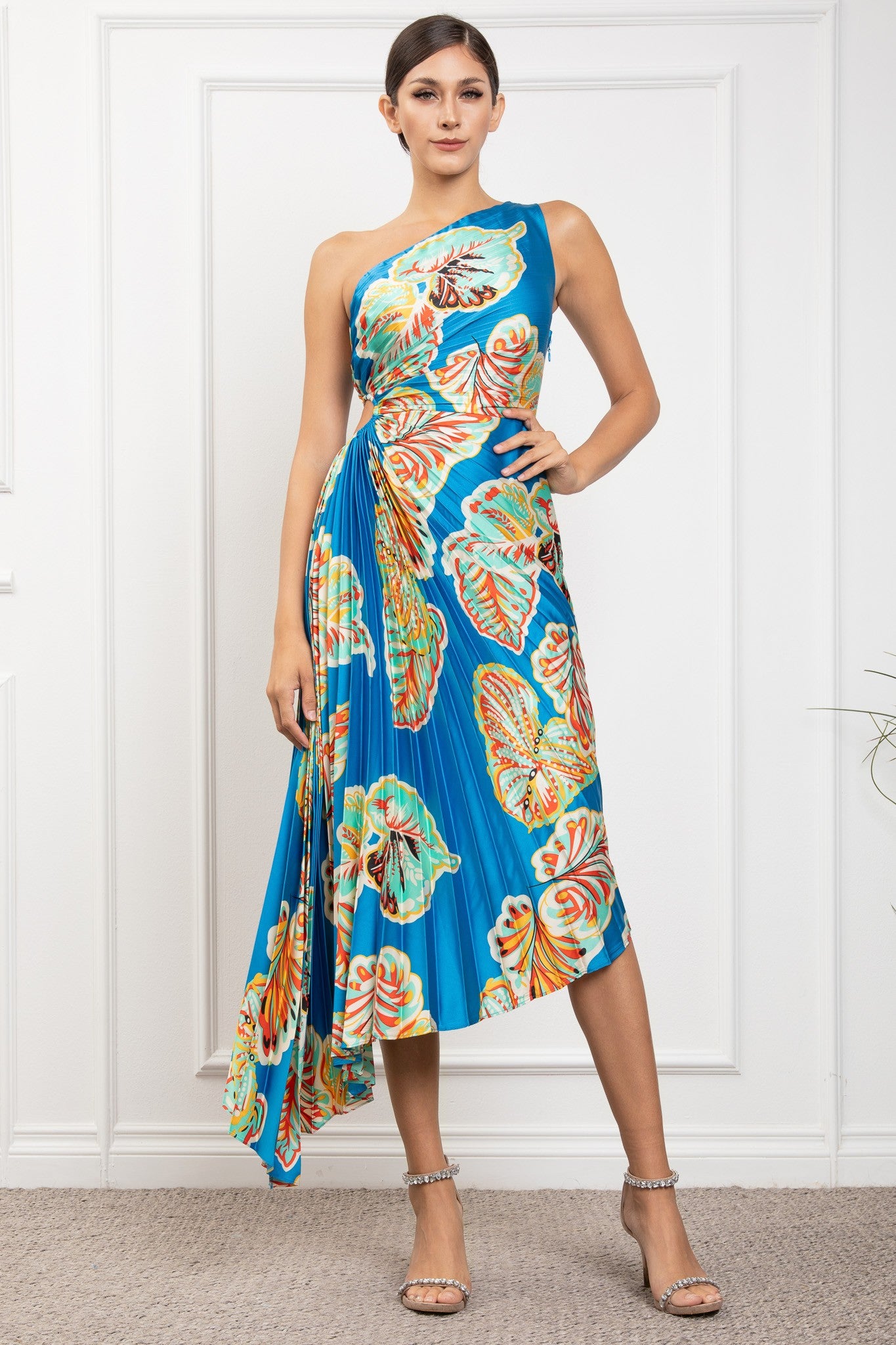 Off Shoulder Sle.less Pleated Diagonal Midi Dress