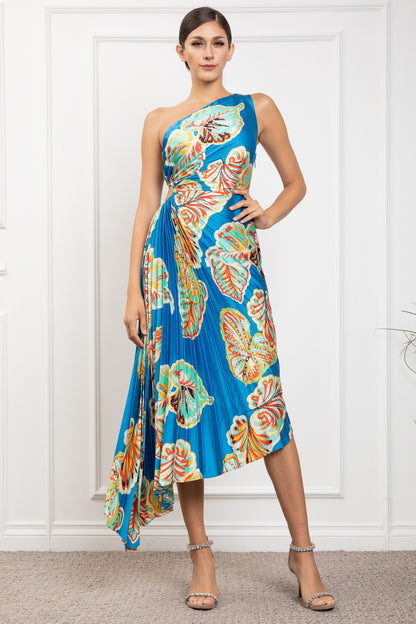 Off Shoulder Sle.less Pleated Diagonal Midi Dress