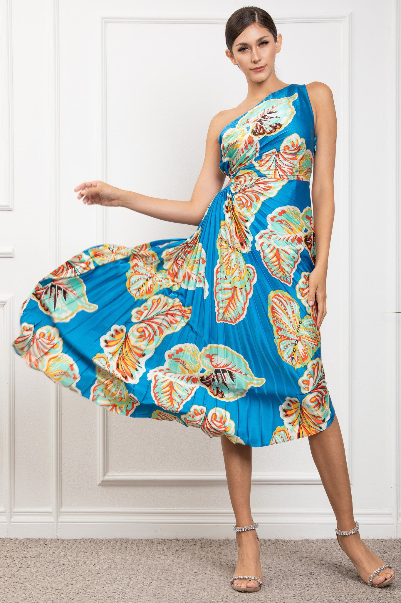 Off Shoulder Sle.less Pleated Diagonal Midi Dress