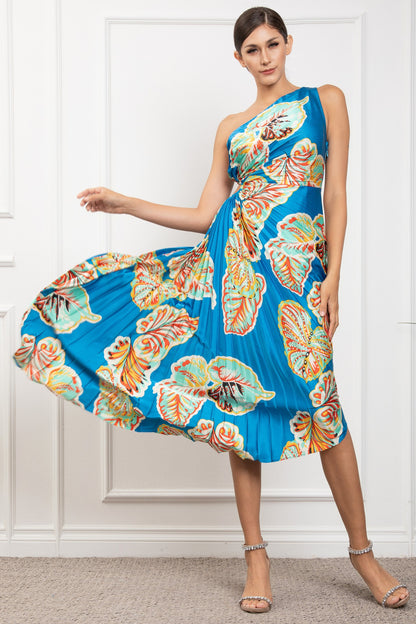 Off Shoulder Sle.less Pleated Diagonal Midi Dress