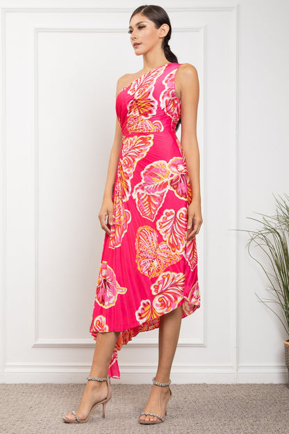 Off Shoulder Sle.less Pleated Diagonal Midi Dress
