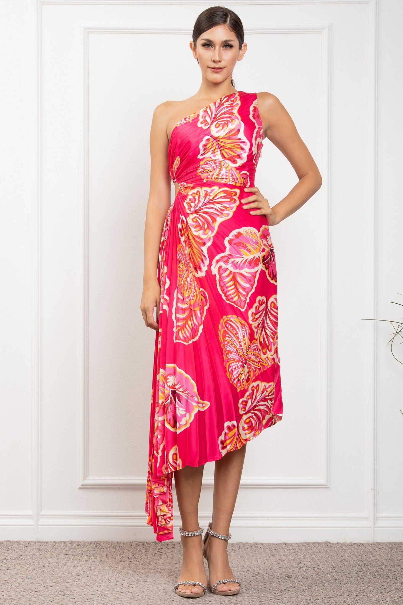 Off Shoulder Sle.less Pleated Diagonal Midi Dress