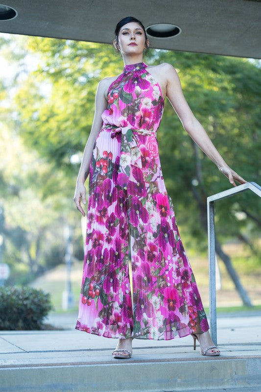 Halter Neck Sleeveless Pleated Jumpsuit