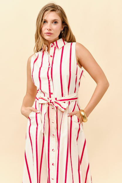 Striped Sleeveless Tie Waist Shirt Dress