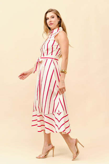 Striped Sleeveless Tie Waist Shirt Dress