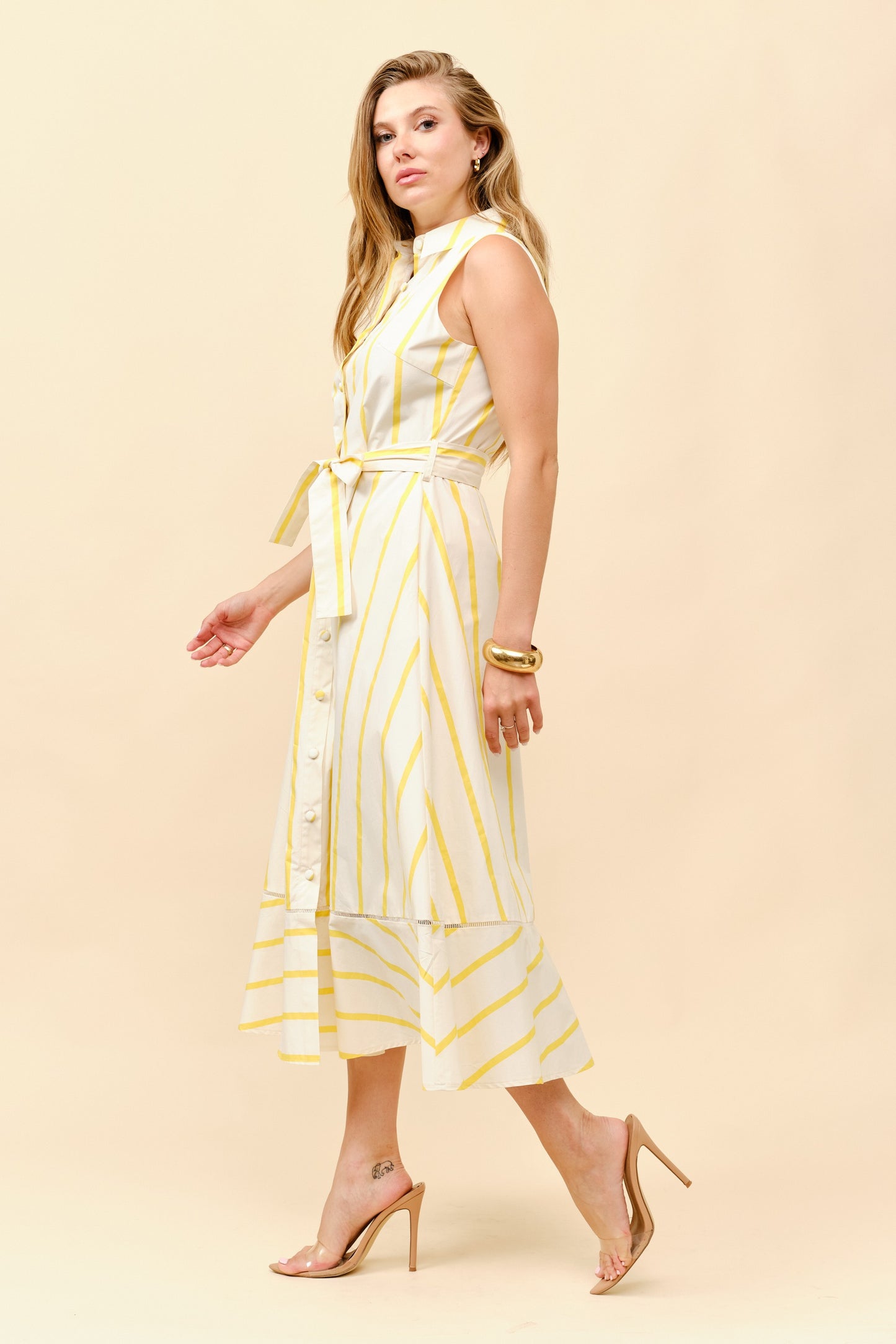 Striped Sleeveless Tie Waist Shirt Dress