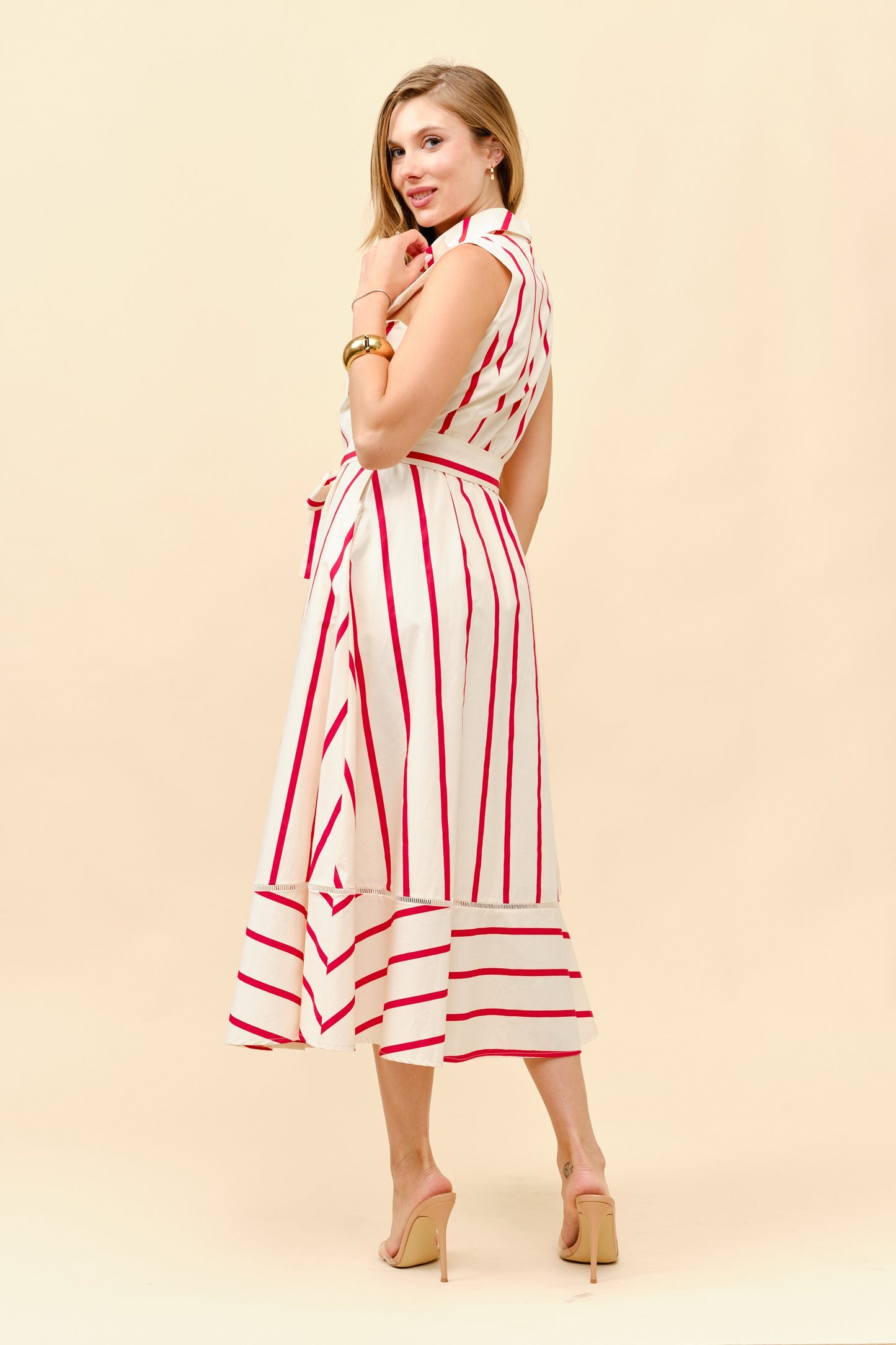 Striped Sleeveless Tie Waist Shirt Dress