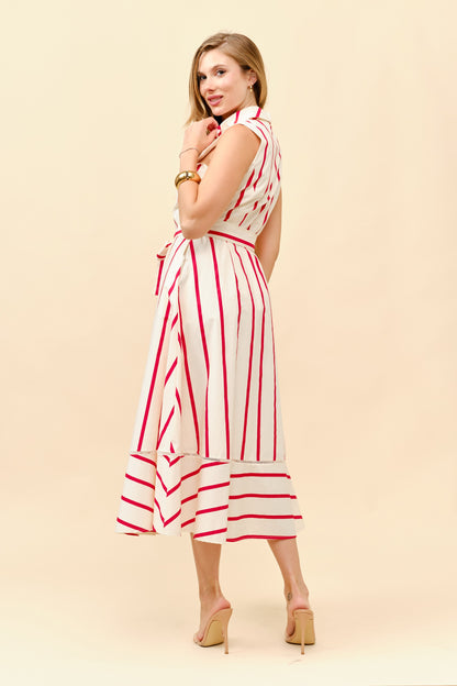 Striped Sleeveless Tie Waist Shirt Dress
