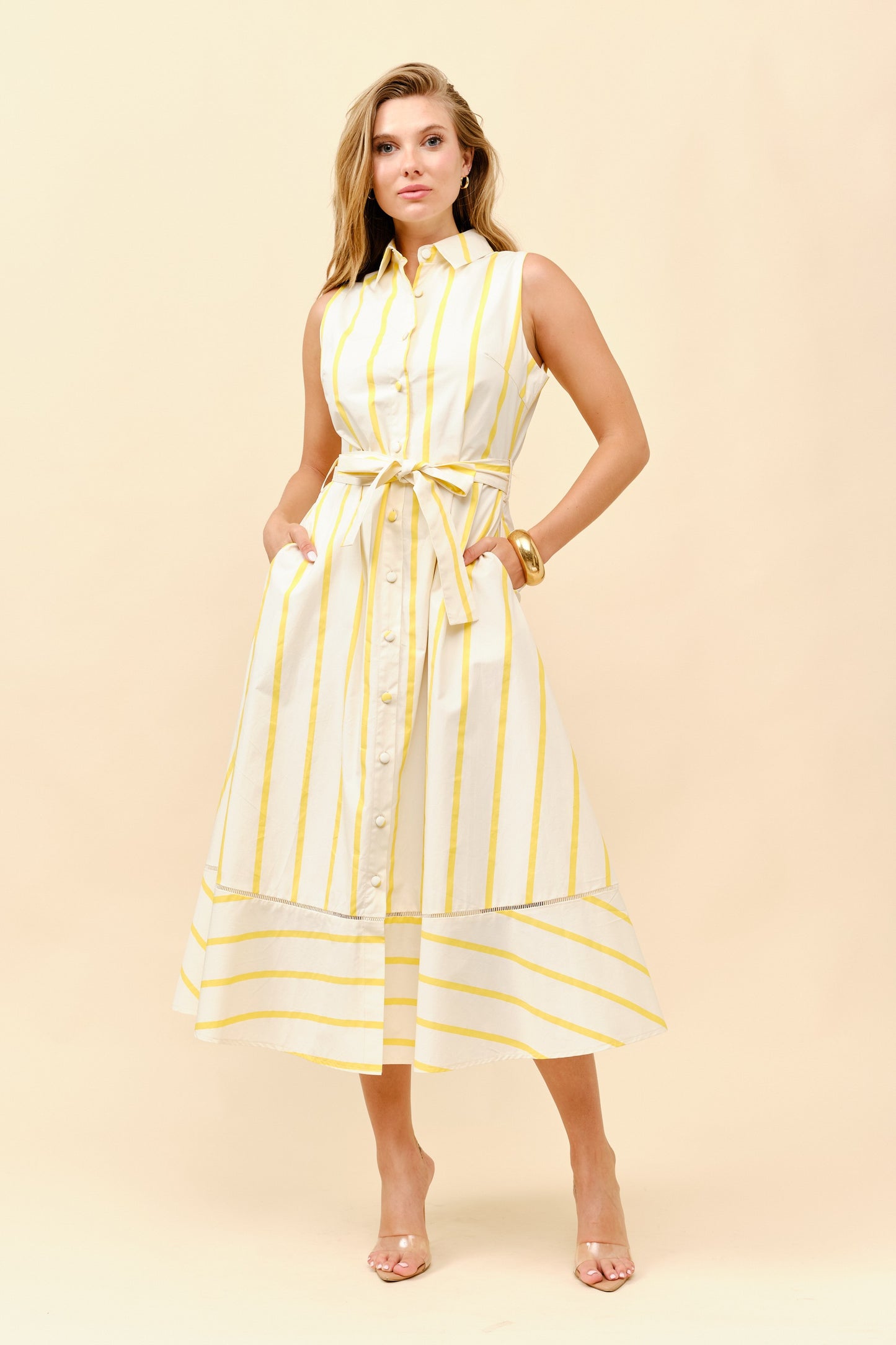 Striped Sleeveless Tie Waist Shirt Dress