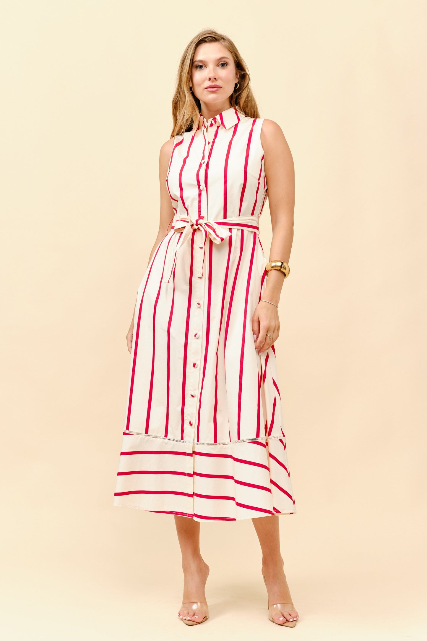 Striped Sleeveless Tie Waist Shirt Dress