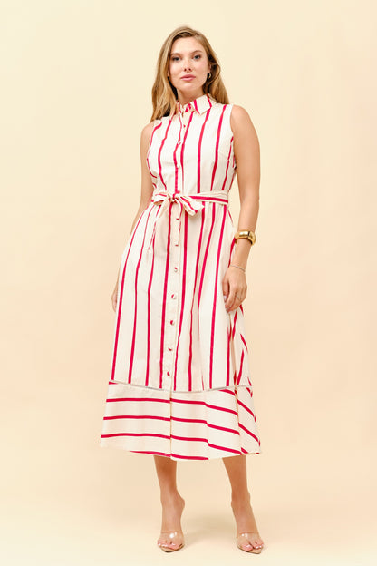 Striped Sleeveless Tie Waist Shirt Dress