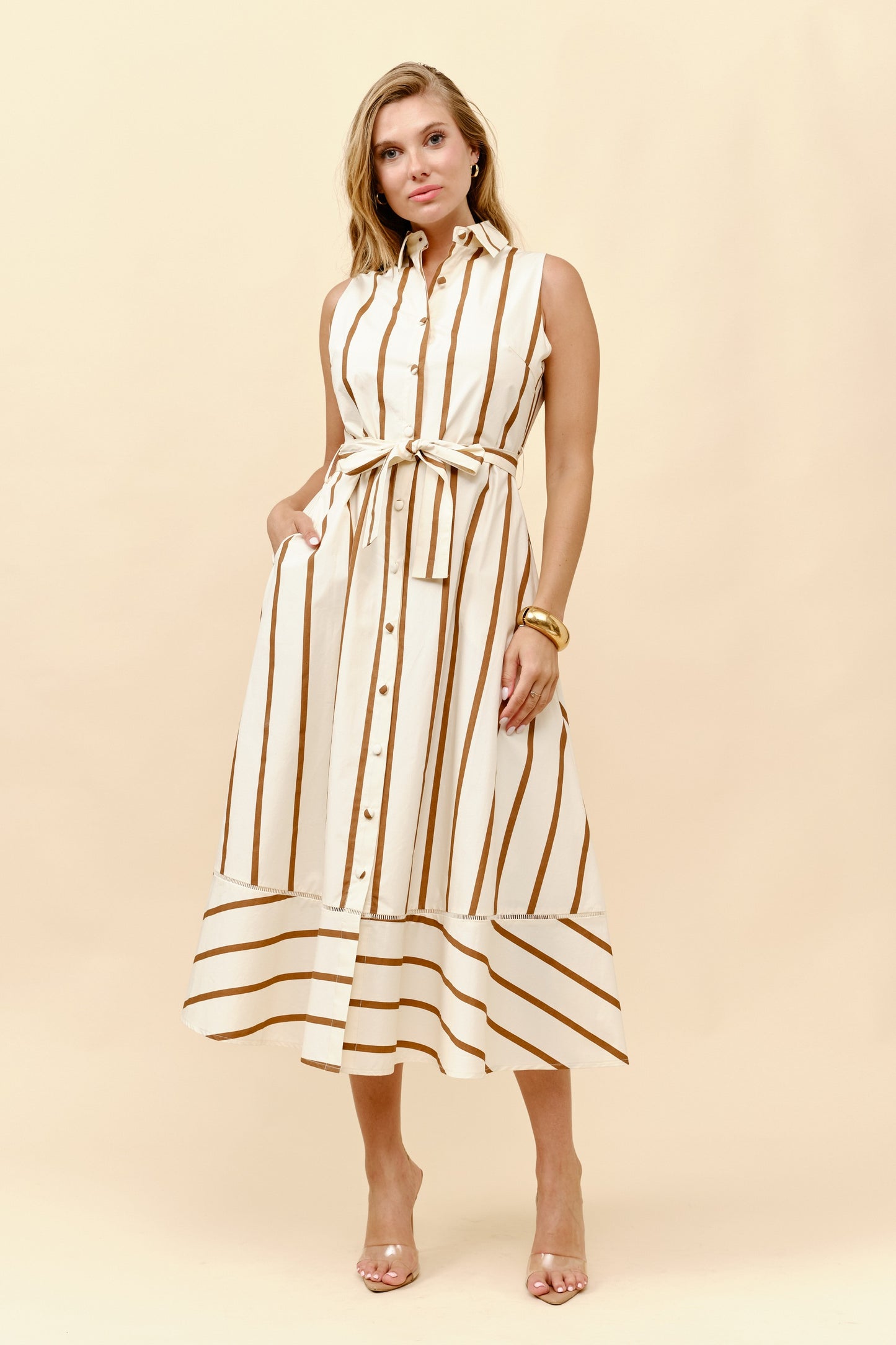 Striped Sleeveless Tie Waist Shirt Dress