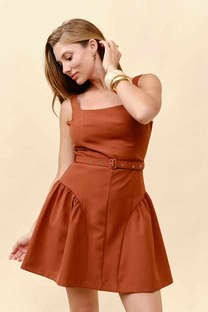 Squared Neck A Line Mini Belted Dress
