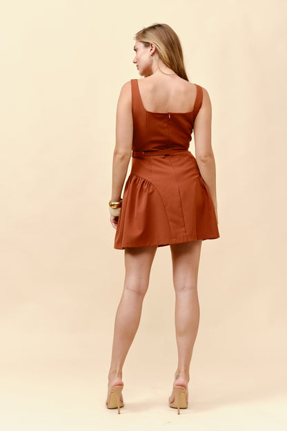 Squared Neck A Line Mini Belted Dress