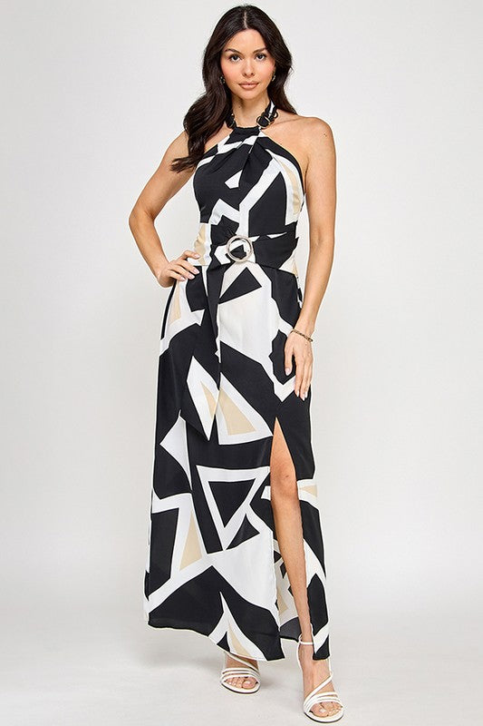 Printed Chain Halter Neck Slit Maxi Dress