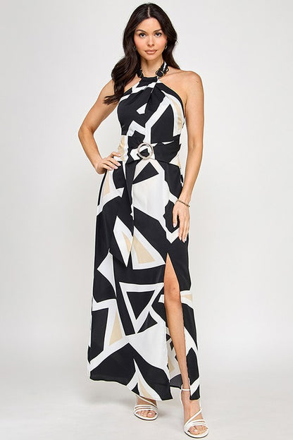 Printed Chain Halter Neck Slit Maxi Dress