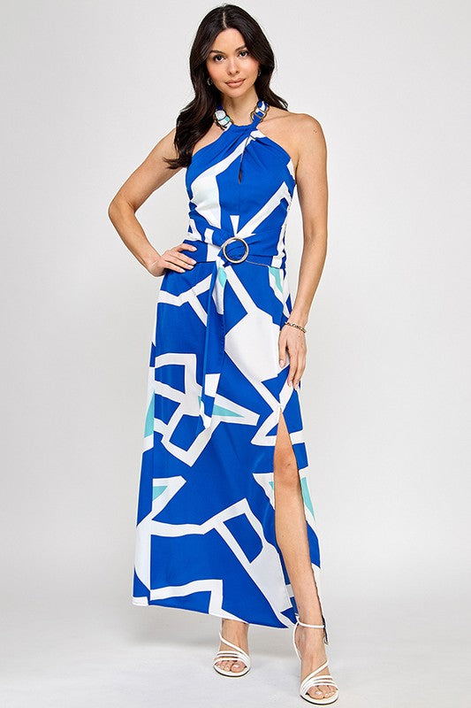 Printed Chain Halter Neck Slit Maxi Dress