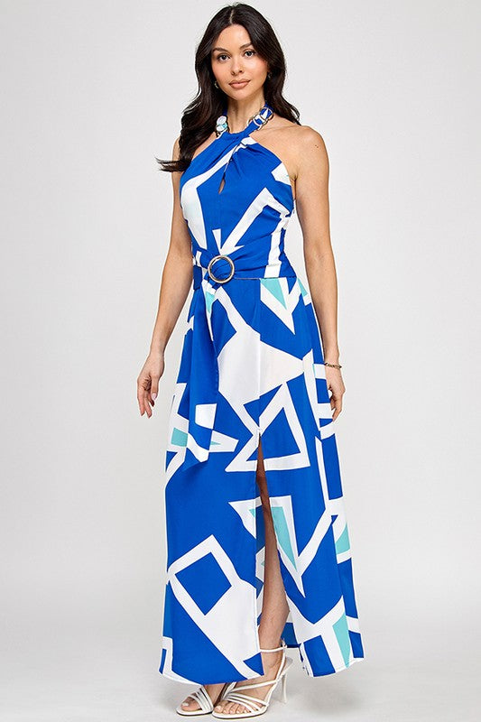 Printed Chain Halter Neck Slit Maxi Dress
