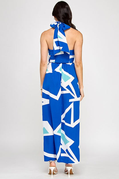 Printed Chain Halter Neck Slit Maxi Dress