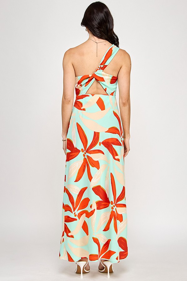 Printed One Shoulder Sleeveless Maxi Dress