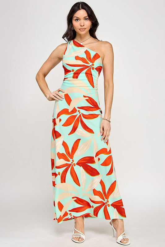 Printed One Shoulder Sleeveless Maxi Dress