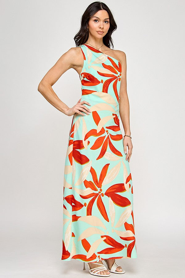 Printed One Shoulder Sleeveless Maxi Dress