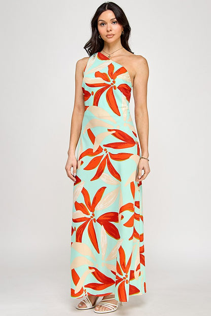 Printed One Shoulder Sleeveless Maxi Dress