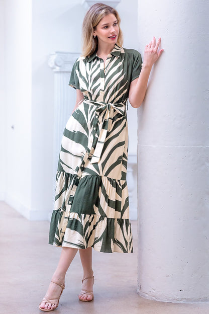 Printed Short Slvs Button Down Shirt Dress W/ Belt