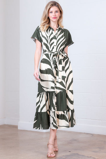 Printed Short Slvs Button Down Shirt Dress W/ Belt