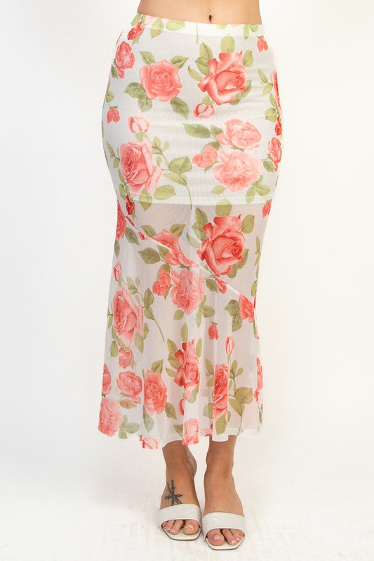 Floral Mesh Ruffled Hem Top And Skirt Set