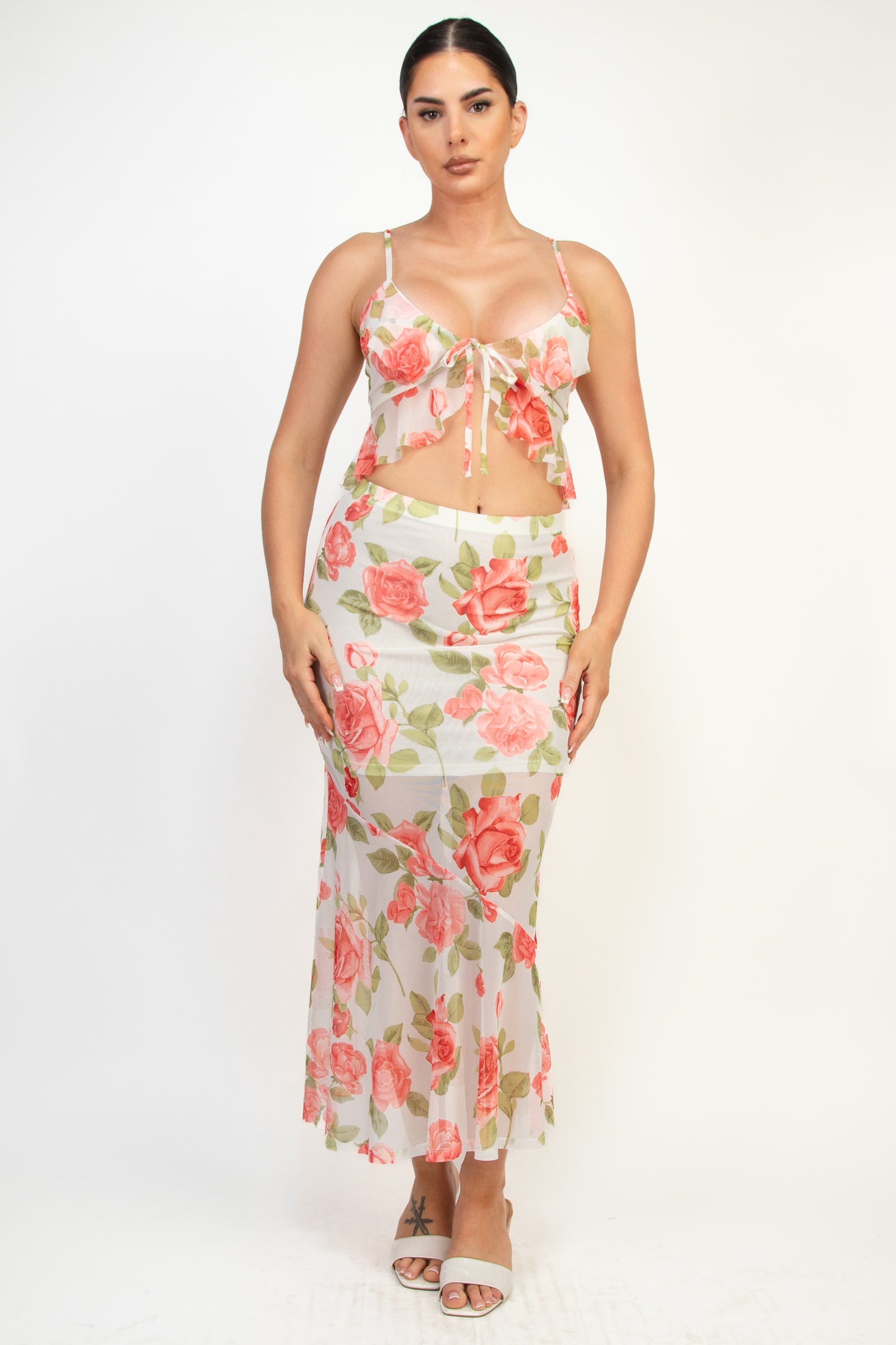 Floral Mesh Ruffled Hem Top And Skirt Set