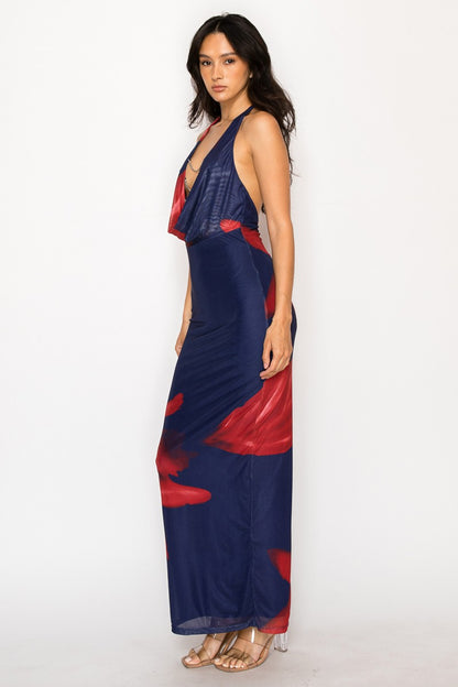 Chain Halter Neck Long Mesh Dress