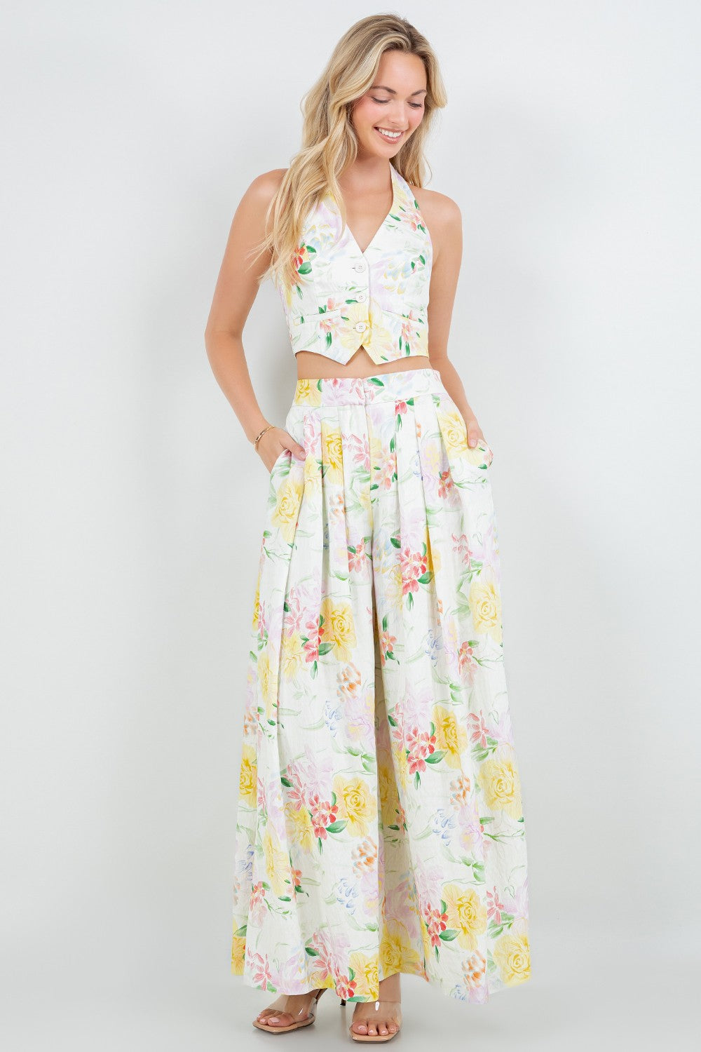 Floral Halter Cropped Vest And Wide Leg Pants Set