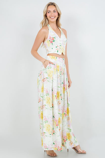Floral Halter Cropped Vest And Wide Leg Pants Set