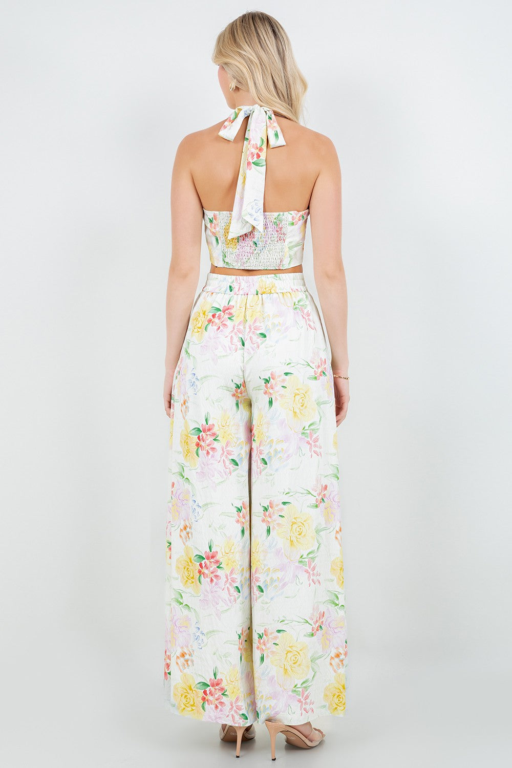 Floral Halter Cropped Vest And Wide Leg Pants Set