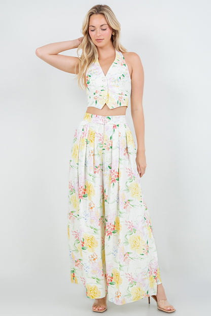 Floral Halter Cropped Vest And Wide Leg Pants Set