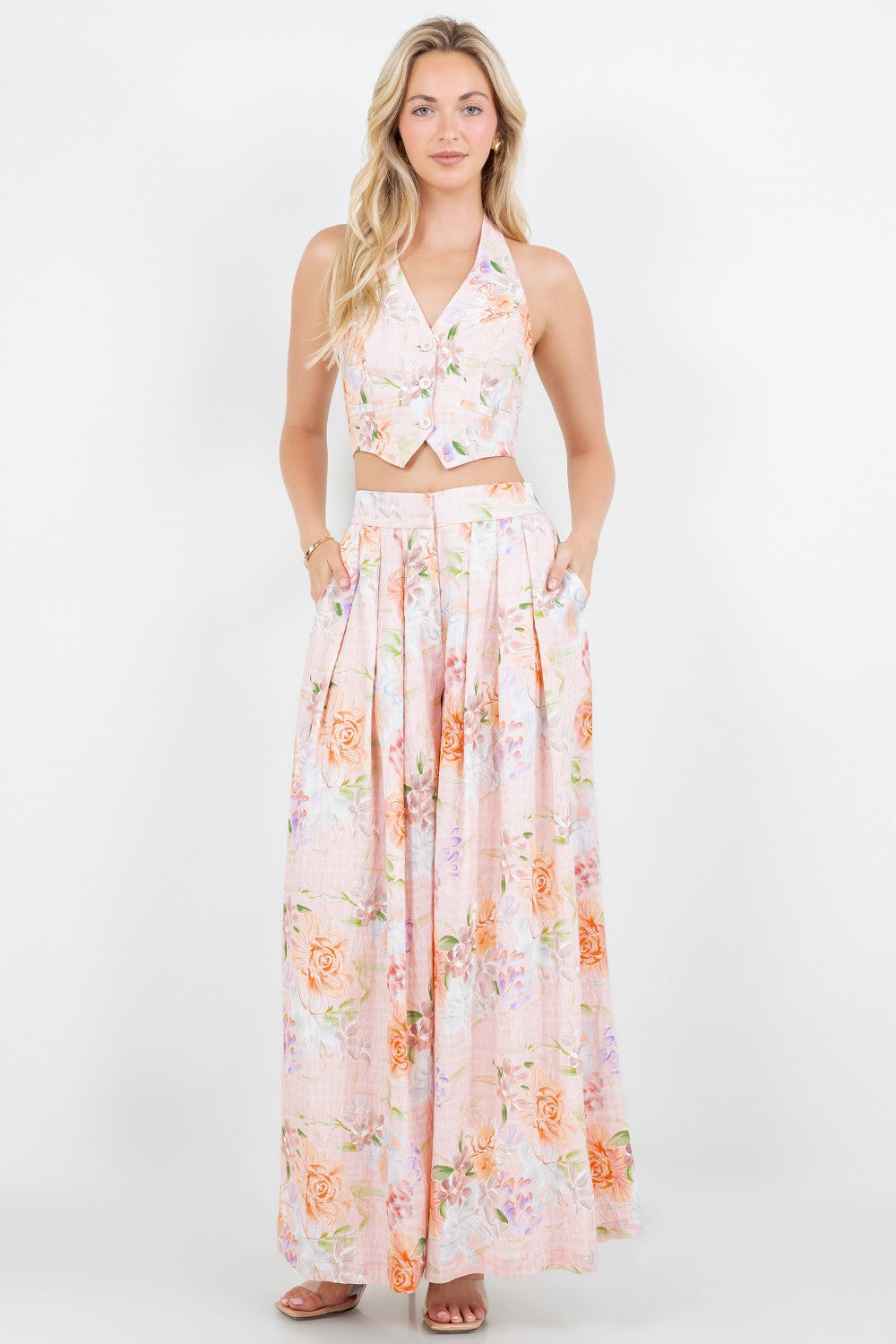 Floral Halter Cropped Vest And Wide Leg Pants Set