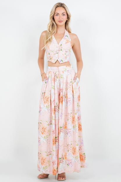 Floral Halter Cropped Vest And Wide Leg Pants Set