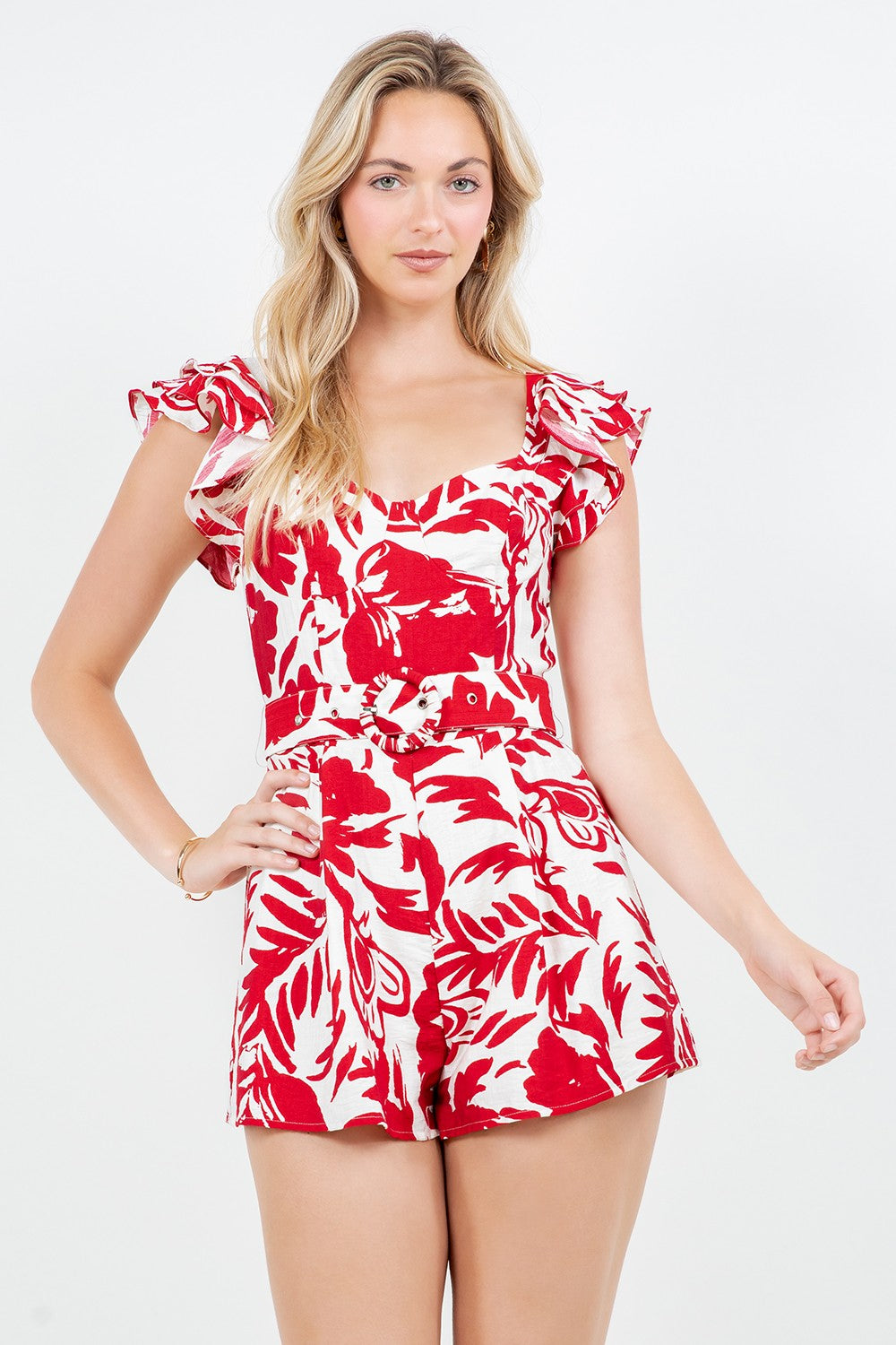 Sweet Hearted Ruffle Sleeveless Belted Romper