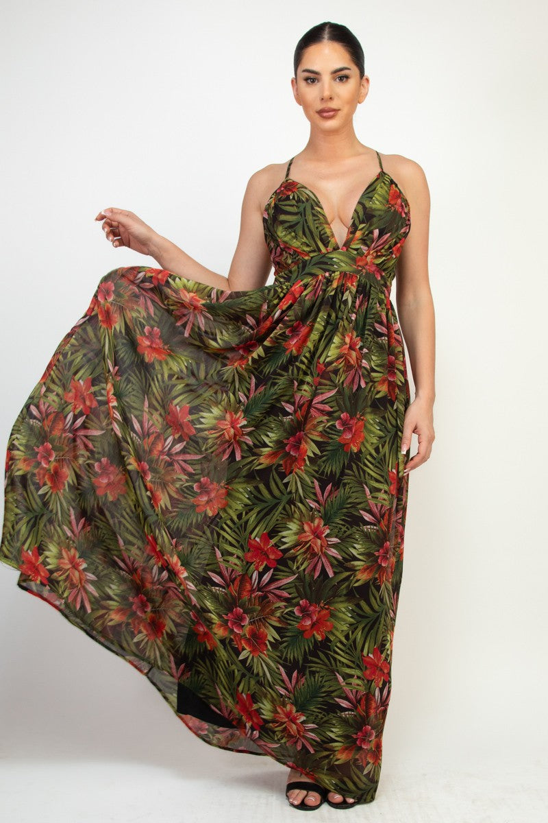 Tropical Printed Crisscross Plunging Dress