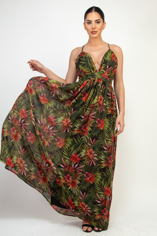 Tropical Printed Crisscross Plunging Dress