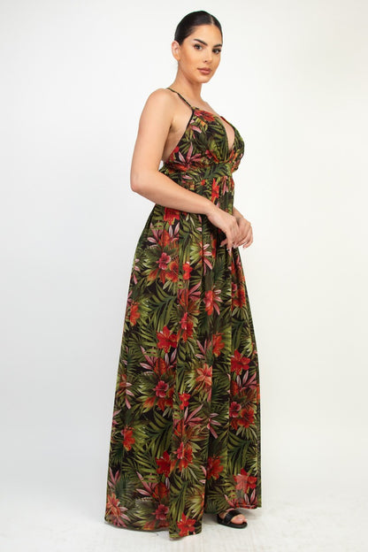 Tropical Printed Crisscross Plunging Dress