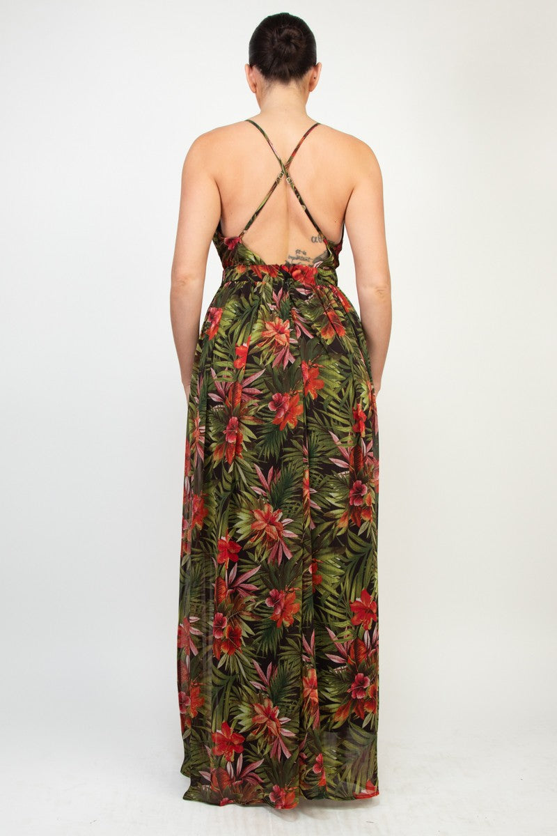 Tropical Printed Crisscross Plunging Dress
