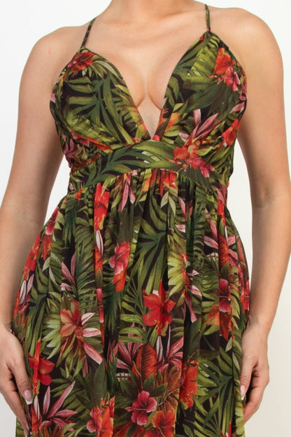Tropical Printed Crisscross Plunging Dress