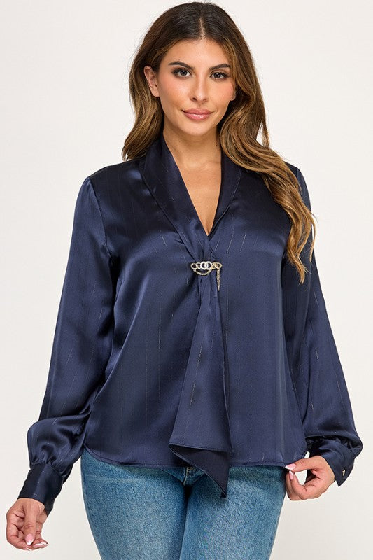 LUREX STRIPED LONG SLEEVE BLOUSE WITH NECK TIE