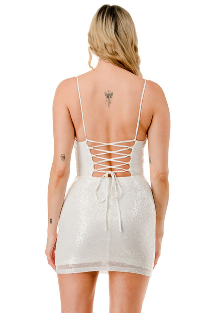 Sequin Cowl Neck Crossed Back Mini Party Dress