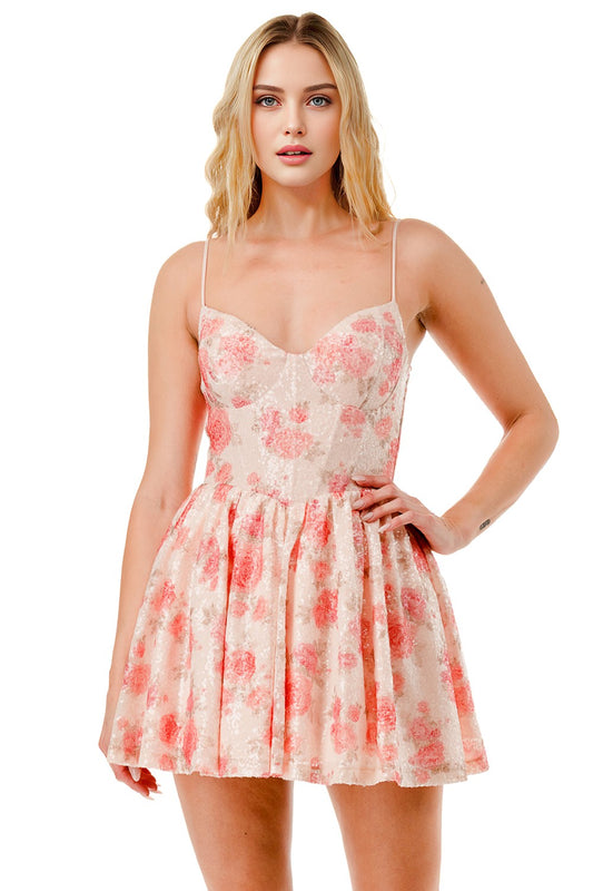 Floral Sequin Corset Flare Mini Party Dress